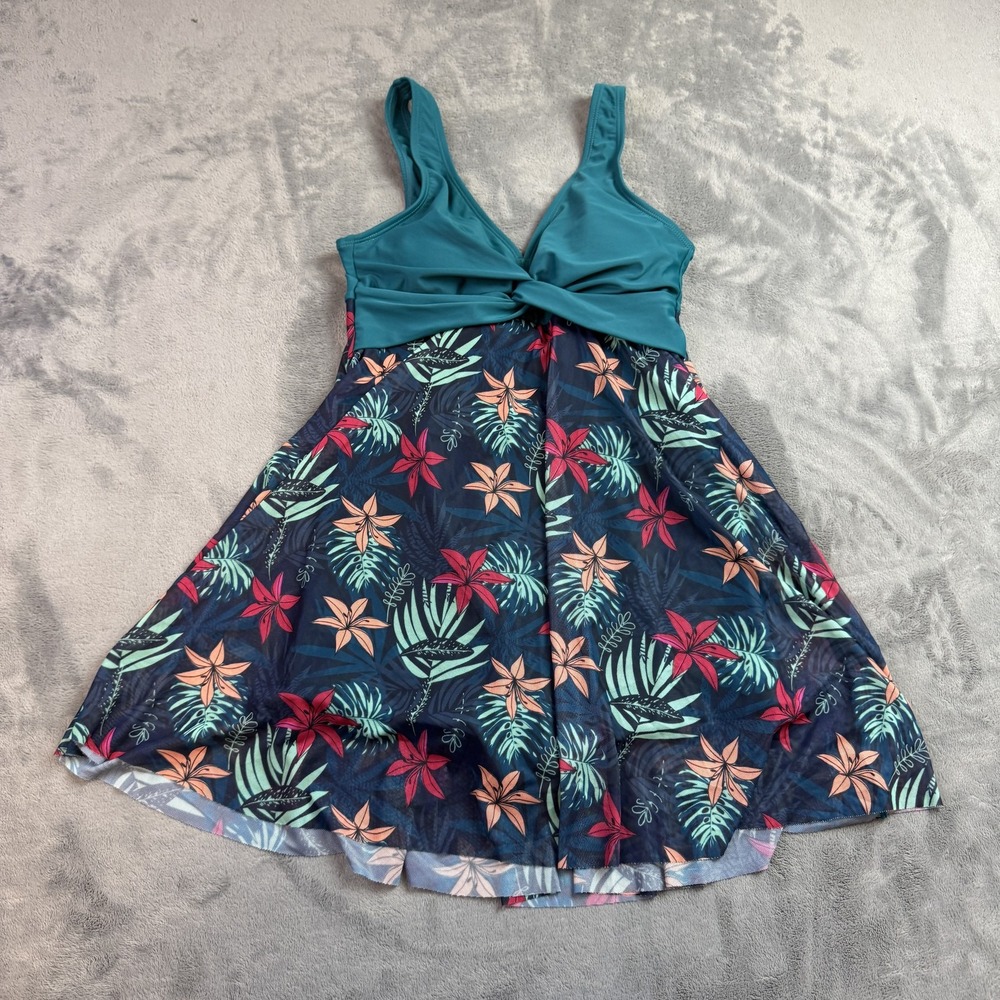 Shekini Swimsuit Dress Womens XS Teal Blue Floral Skirted One Piece Swimwear NWT